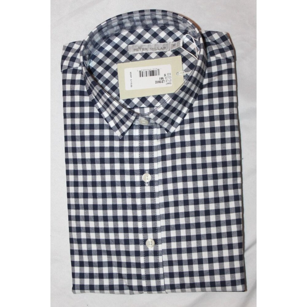 NEW Peter Millar Ladies MEDIUM Navy Blue White Gingham Plaid Button Front Shirt